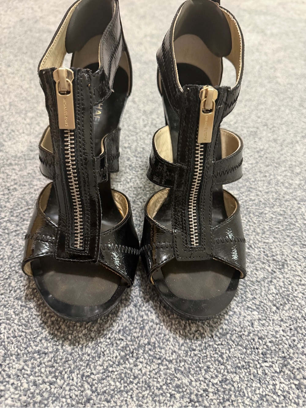 Michael Kors Black Patent Leather Front-Zip Strappy Heels